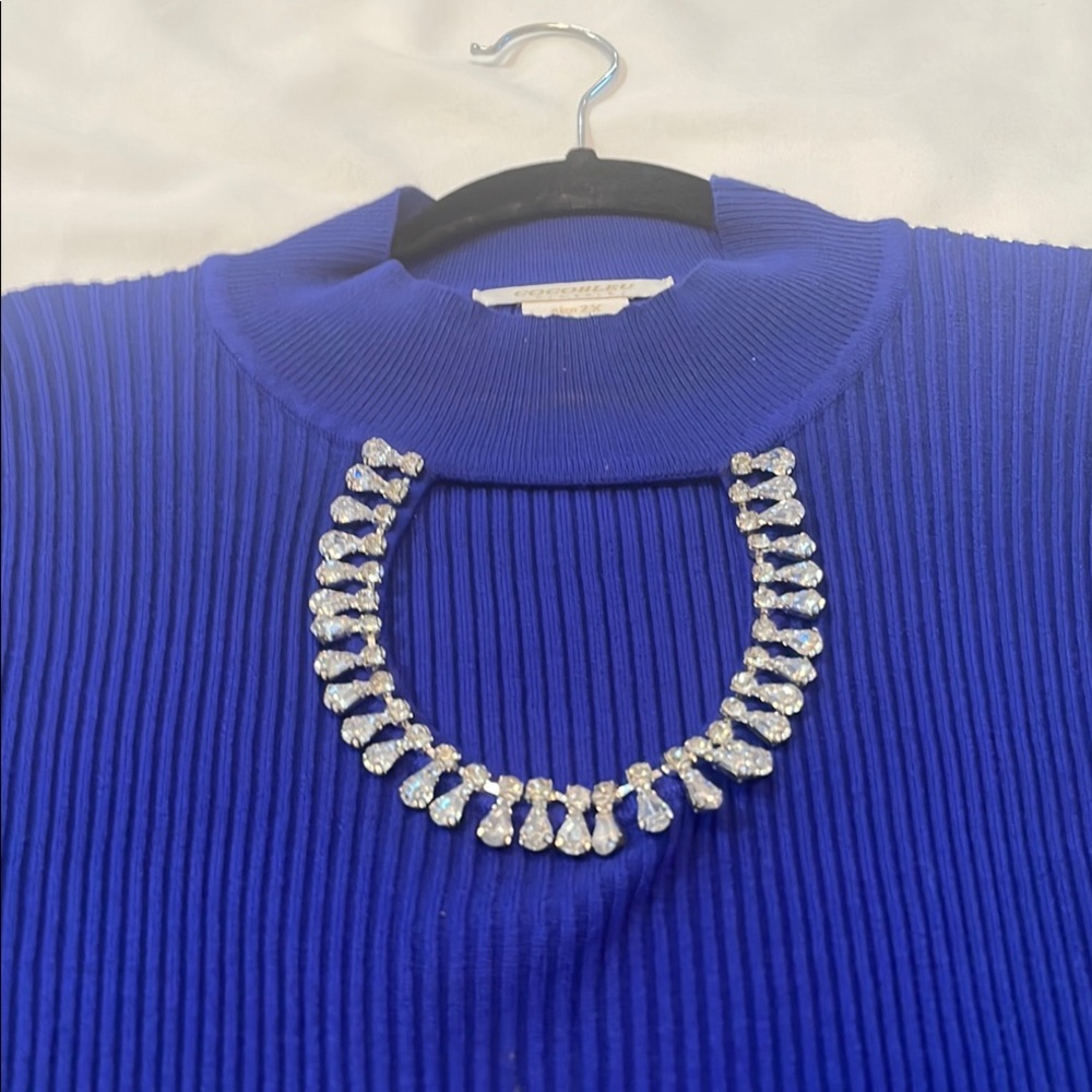 Blue Ribbed Sweater with Crystal Necklace